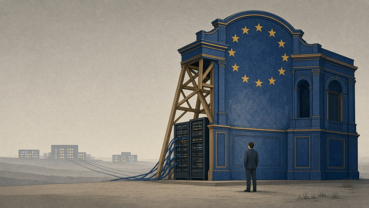 An EU flag painted on the facade of a grand building held up by wooden scaffolding, with server racks and cables behind it, while a man in a suit looks at it