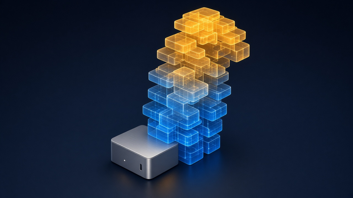 A small aluminium desktop box dwarfed by a towering stack of glowing model layers that rises far beyond it