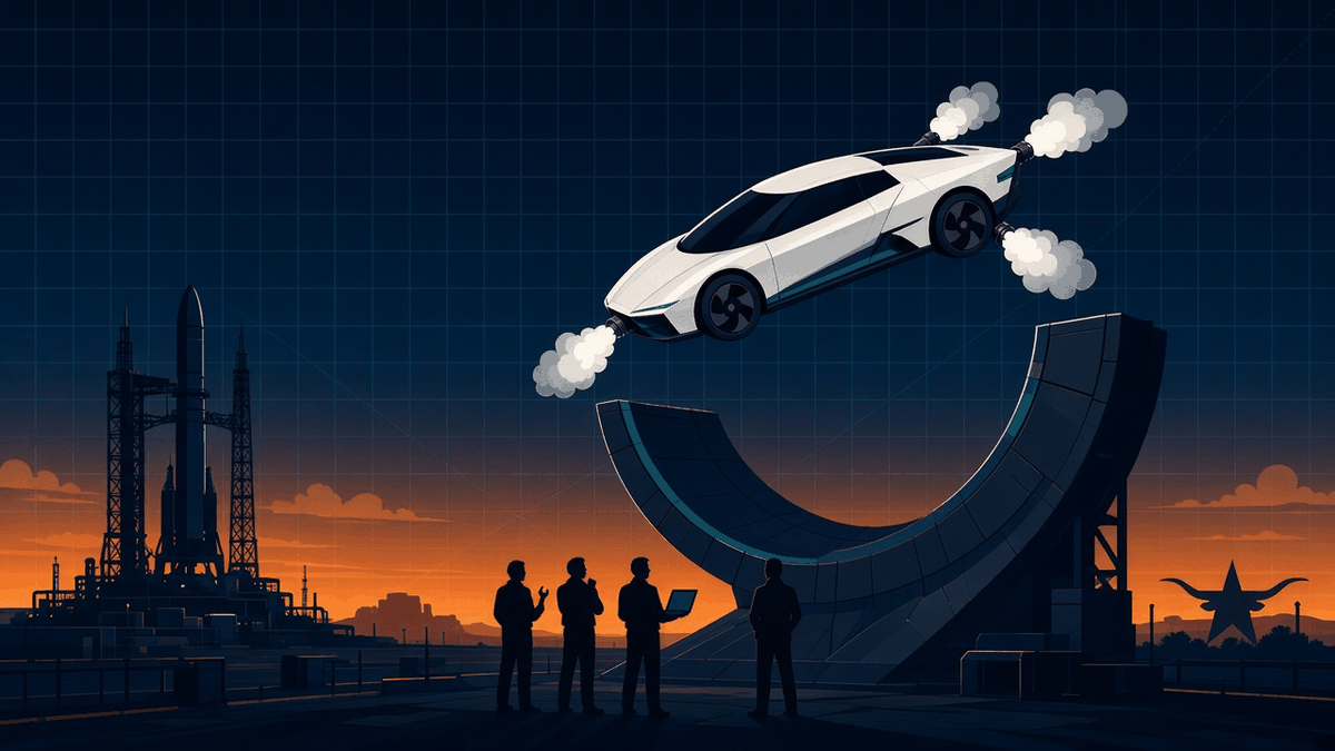Stylised illustration of a white wedge-shaped electric sports car flying above a curved loop ramp at night, small clouds of cold gas puffing from thrusters at its corners, while a group of engineers in silhouette watches from the ground near a rocket test stand.